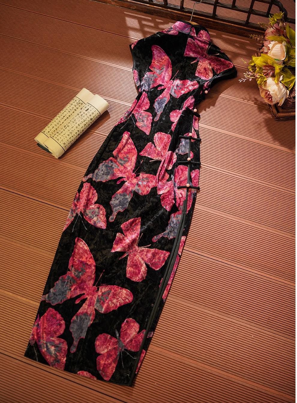 Black Sleeveless Cheongsam With Butterfly Pattern, Velvet Modern