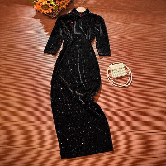 Black Cheongsam with Sequin, Modern Velvet Chinese Qipao, long length Daily Wear Vintage Cheongsam Prom dress