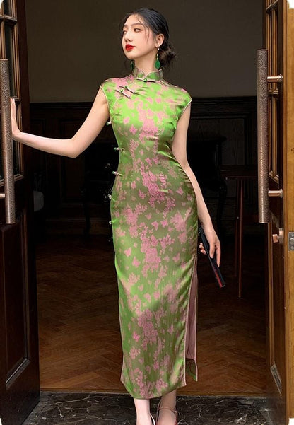 Green Jacquard Silk-like Double-Breasted Long Cheongsam Modern Chinese Qipao