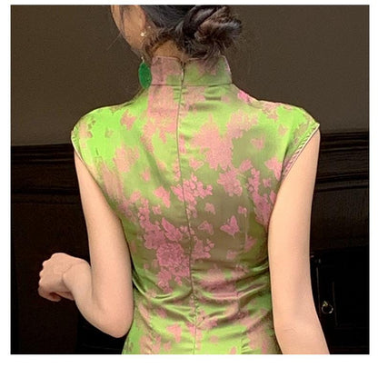 Green Jacquard Silk-like Double-Breasted Long Cheongsam Modern Chinese Qipao