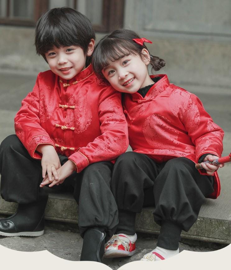 Girl's/ Boy Qipao long-sleeve Coat Children's Chinese New year cheongsam outfit Dragon pattern Red jacket for kids