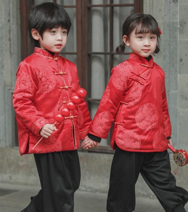 Girl's/ Boy Qipao long-sleeve Coat Children's Chinese New year cheongsam outfit Dragon pattern Red jacket for kids