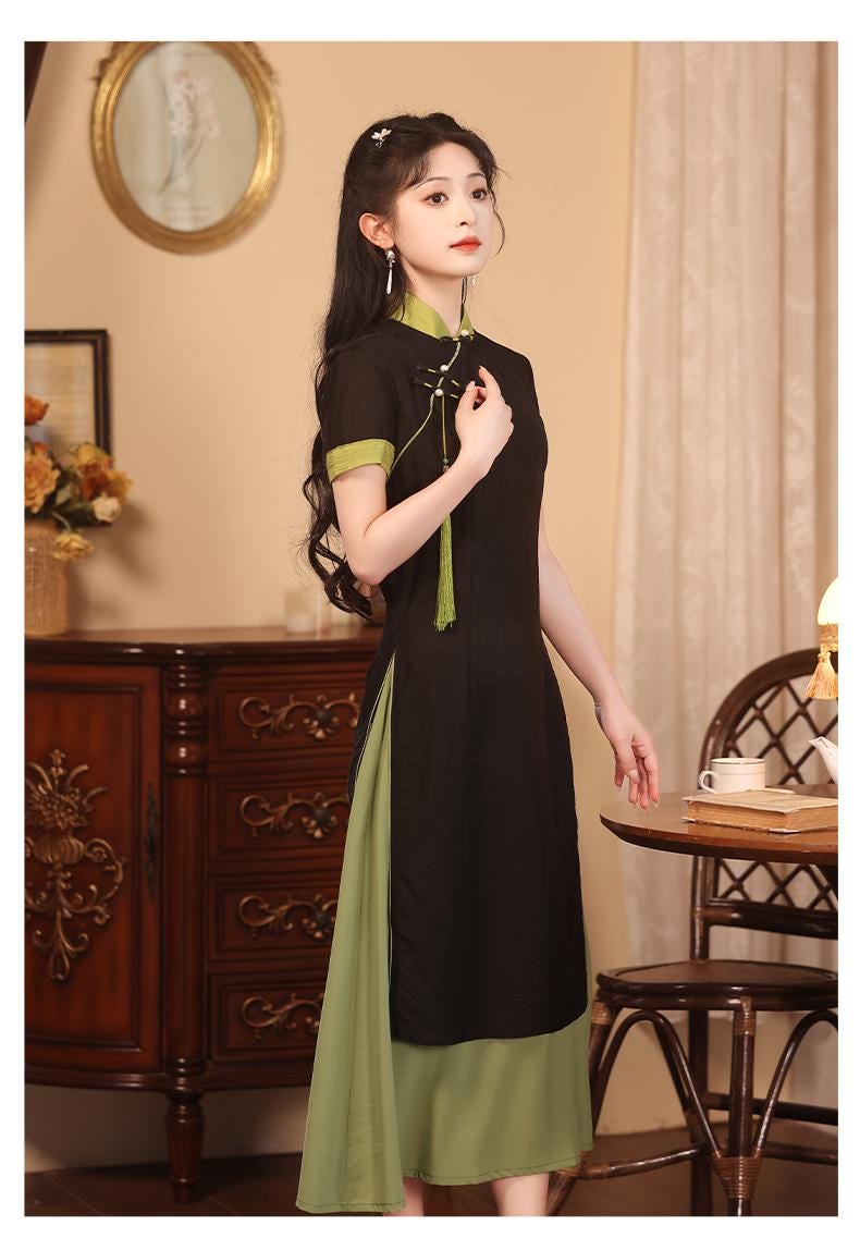 Aodai Short Sleeve Qipao, Date Qipao Elegant dress Mandarin collar