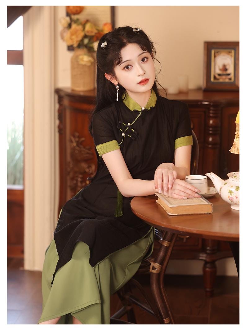 Aodai Short Sleeve Qipao, Date Qipao Elegant dress Mandarin collar