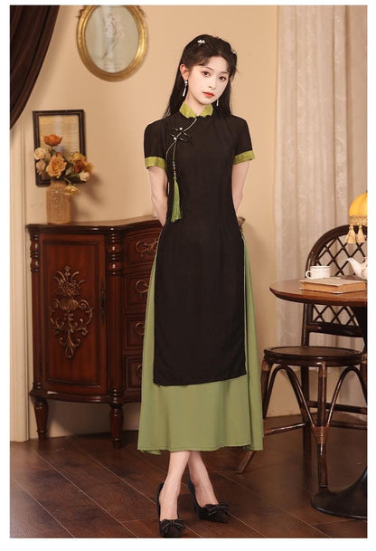 Aodai Short Sleeve Qipao, Date Qipao Elegant dress Mandarin collar