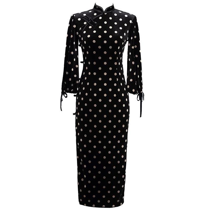 Velvet Polka Dot Qipao with Big Sleeves Hong Kong Style Daily Wear Chinese Cheongsam Traditional Chipao Dress Long dress Prom dress