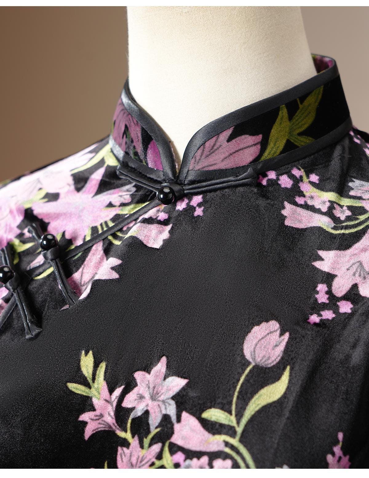 Modern Black Cheongsam with Purple Flower Pattern, Traditional Chinese Qipao, long length Daily Wear Cocktail Party Dress Ball Gowns