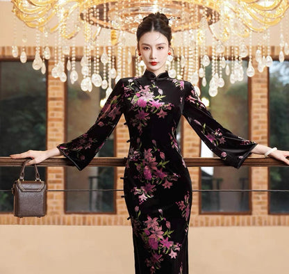 Modern Black Cheongsam with Purple Flower Pattern, Traditional Chinese Qipao, long length Daily Wear Cocktail Party Dress Ball Gowns