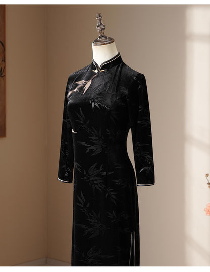 Modern Black Cheongsam with Bamboo Pattern, Traditional Chinese Qipao, long length Daily Wear Cocktail Party Dress Ball Gowns