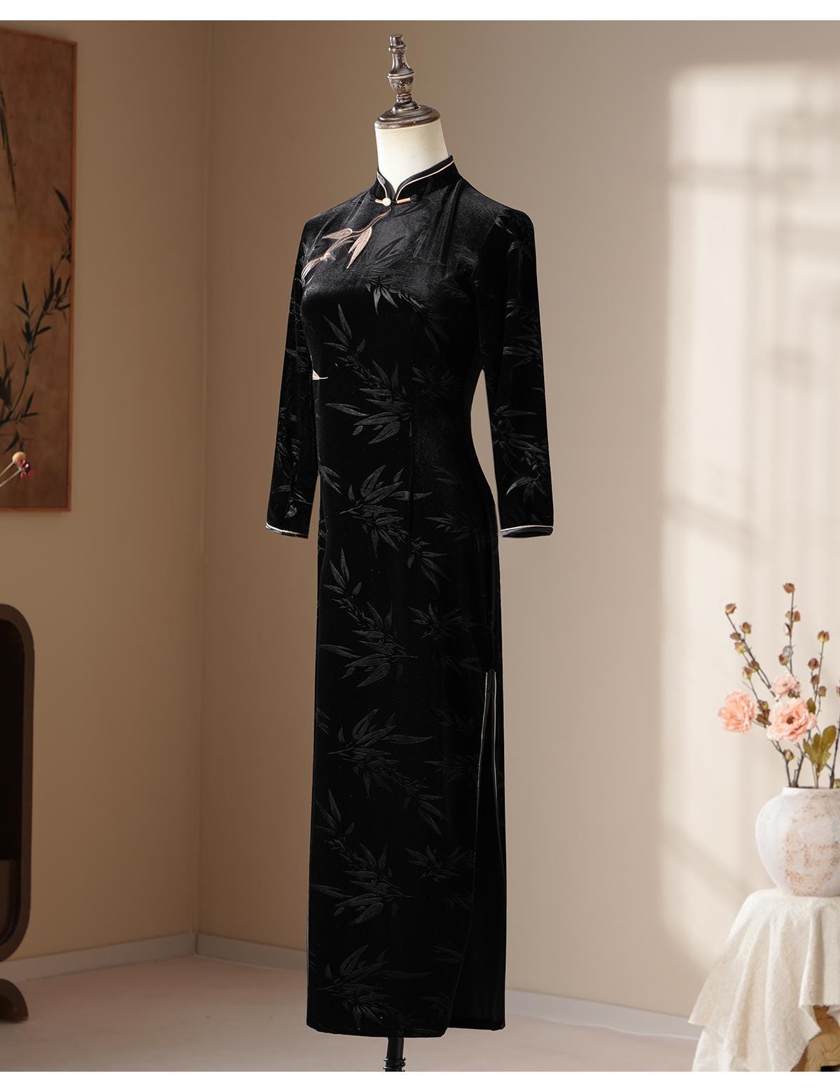 Modern Black Cheongsam with Bamboo Pattern, Traditional Chinese Qipao, long length Daily Wear Cocktail Party Dress Ball Gowns