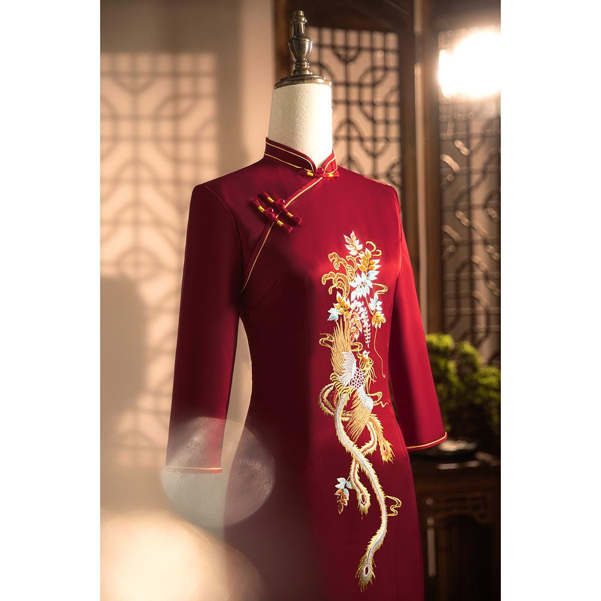 Modern Black/Wine Red Cheongsam Phoenix Pattern, Traditional Chinese Qipao, long length Daily Wear Cocktail Party Dress Ball Gowns Plus Size