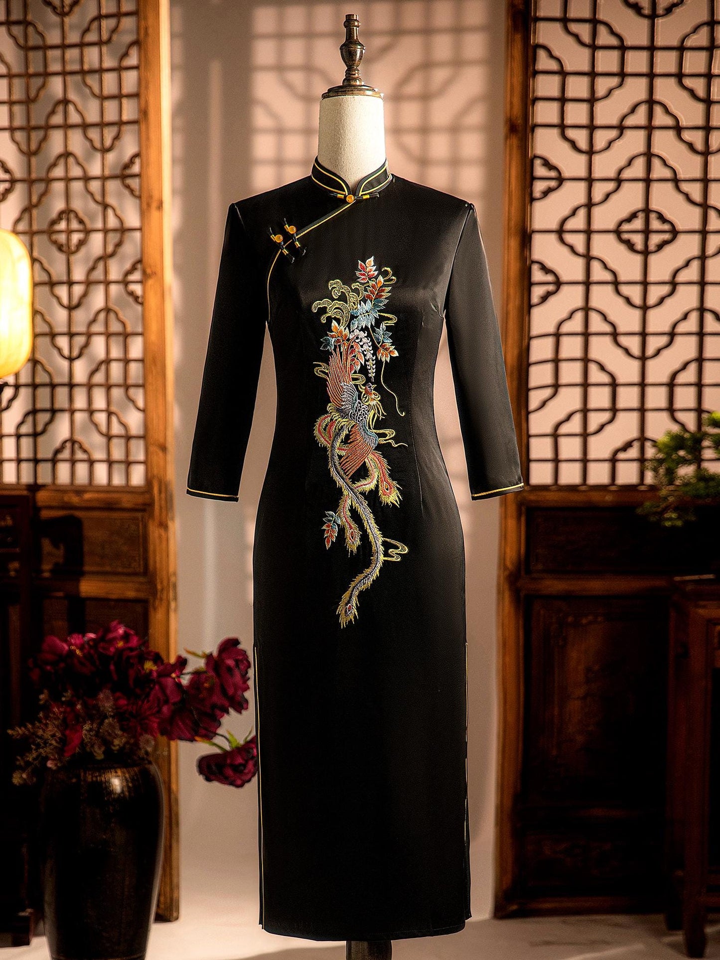 Modern Black/Wine Red Cheongsam Phoenix Pattern, Traditional Chinese Qipao, long length Daily Wear Cocktail Party Dress Ball Gowns Plus Size