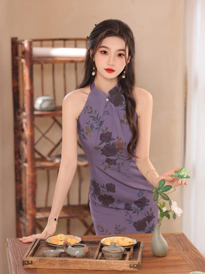 Purple Sleeveless Cheongsam, Summer Chinese Qipao, long length Daily Wear Halterneck dress Modern Chinese Dress Bridesmaid dress