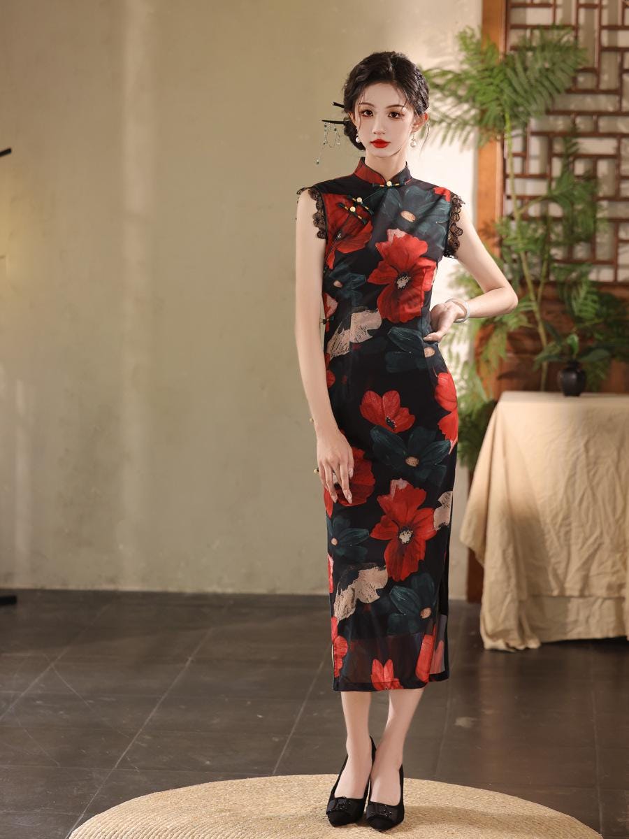 Modern Sleeveless Cheongsam, Summer Qipao, long length Daily Wear Traditional Chinese Dress Bridesmaid Dress Prom Dress Cocktail Party Dress