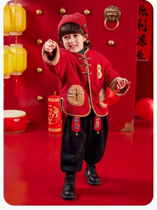 Boy and Girl long-sleeve Cheongsam outfit Children's Chinese New year Qipao Jacket outfit Traditional pattern Red jacket with back pants