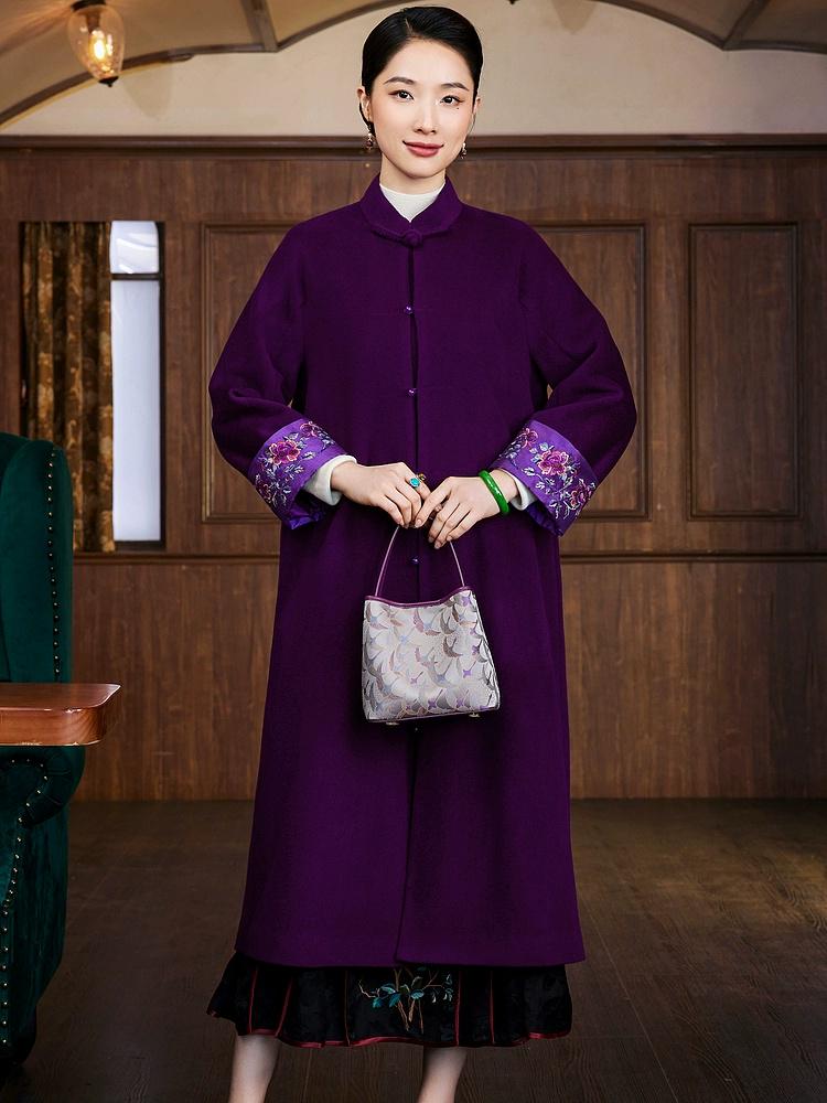 Purple Winter Wool Chinese Style Embroidered Overcoat - Classic Noble Long Jacket for Women