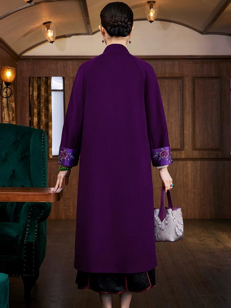 Purple Winter Wool Chinese Style Embroidered Overcoat - Classic Noble Long Jacket for Women