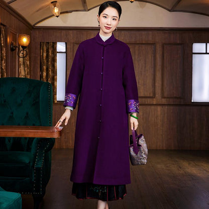 Purple Winter Wool Chinese Style Embroidered Overcoat - Classic Noble Long Jacket for Women