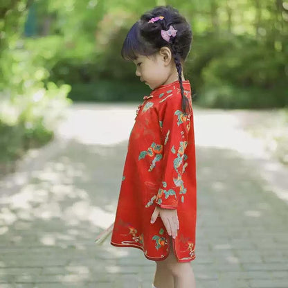 Red Orange Girl's Qipao Traditional long-sleeve princess children's cheongsam flower girl dress Red New Year outfit