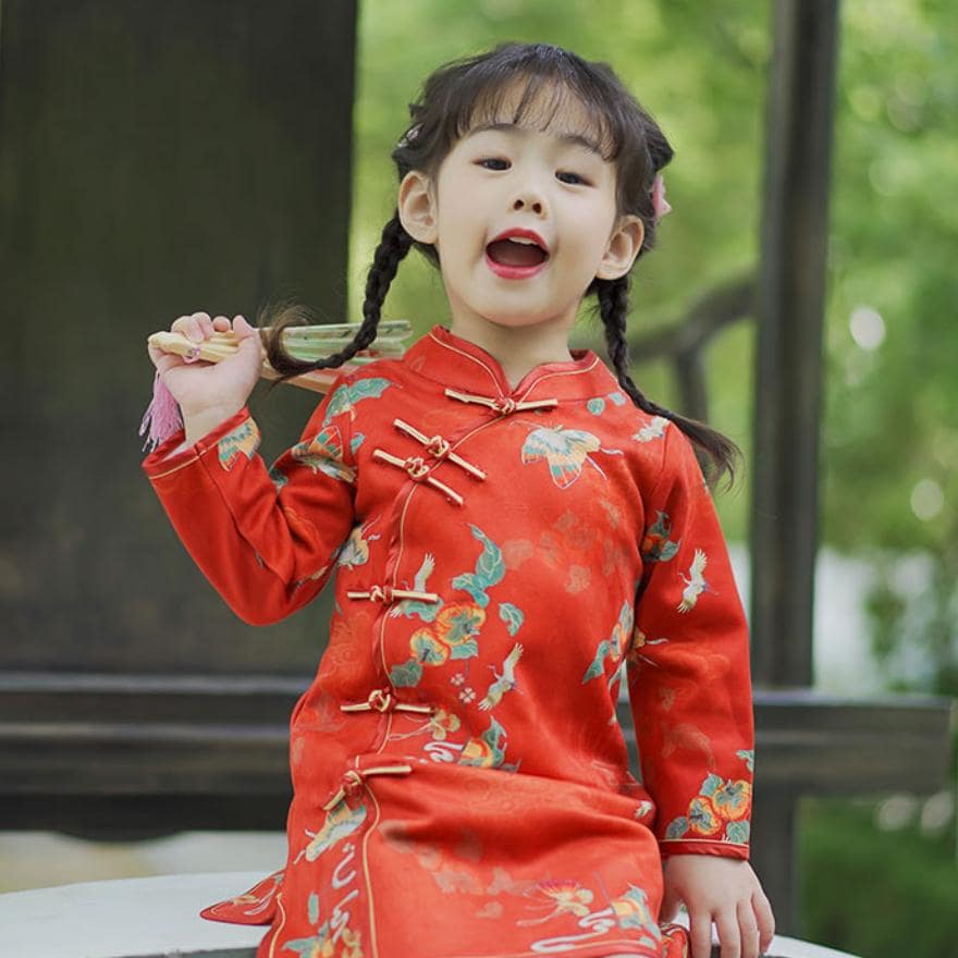 Red Orange Girl's Qipao Traditional long-sleeve princess children's cheongsam flower girl dress Red New Year outfit