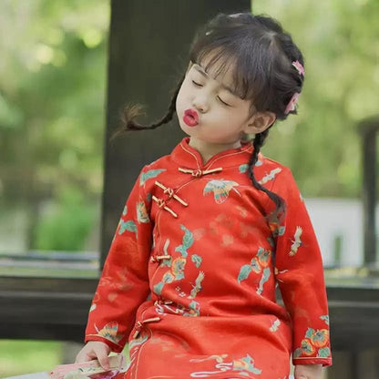 Red Orange Girl's Qipao Traditional long-sleeve princess children's cheongsam flower girl dress Red New Year outfit