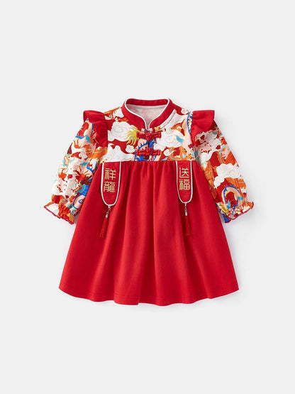 Baby Girl Qipao long-sleeve Dress Chinese New year cheongsam Traditional Red Qipao Dress Baby 100 days Birthday