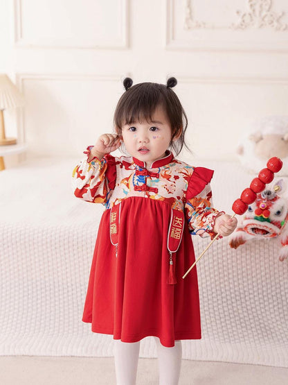 Baby Girl Qipao long-sleeve Dress Chinese New year cheongsam Traditional Red Qipao Dress Baby 100 days Birthday