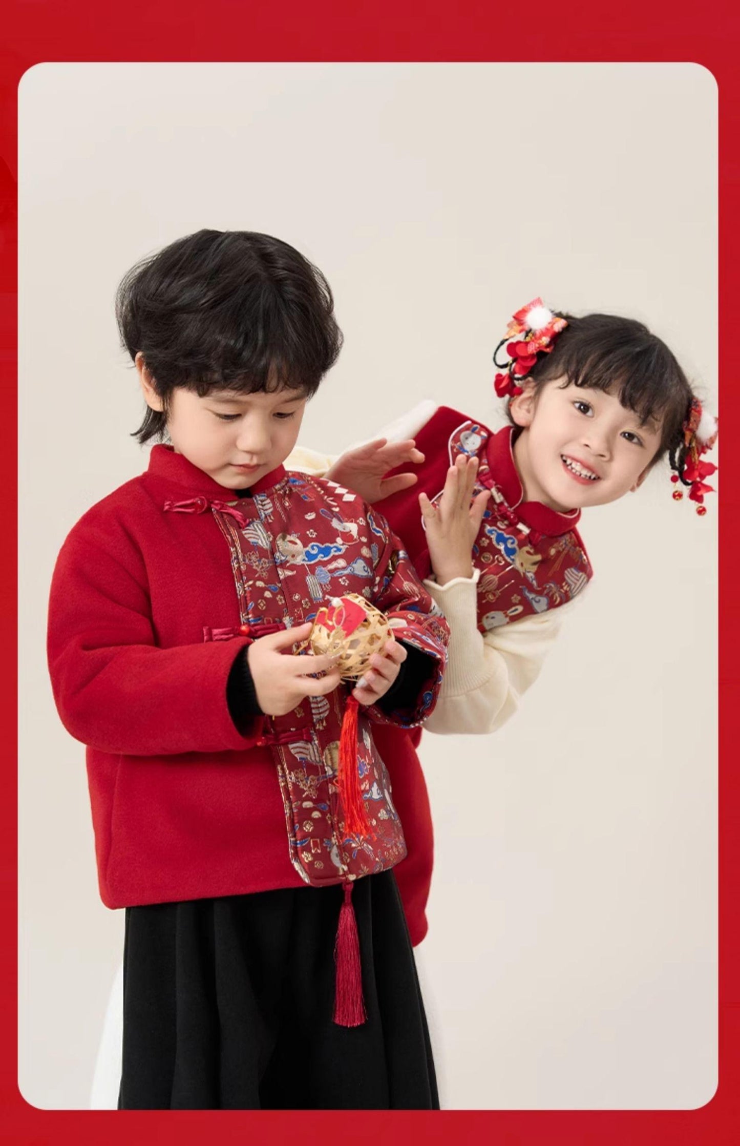 Boy and Girl Qipao Jacket and Dress Children's Chinese New year cheongsam outfit Traditional pattern Red Dress for Kids