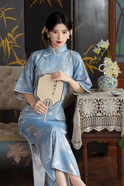 Pink/ Blue 2024 Fall Chinese Qipao Dress Cheongsam Blue Chinese painting patterns Chipao Dress Big Sleeves Dress