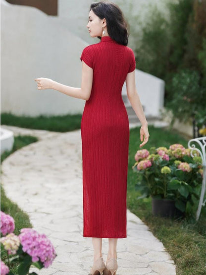 Wine Red Chinese Modern Cheongsam, traditional Qipao, Long Length Daily Wear Prom dress Evening Gown Wedding Guest Dress Retro Dress