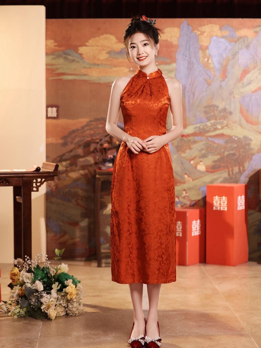 Orange Red Sleeveless Cheongsam, Summer Chinese Qipao, Halterneck dress, Dinner Dress