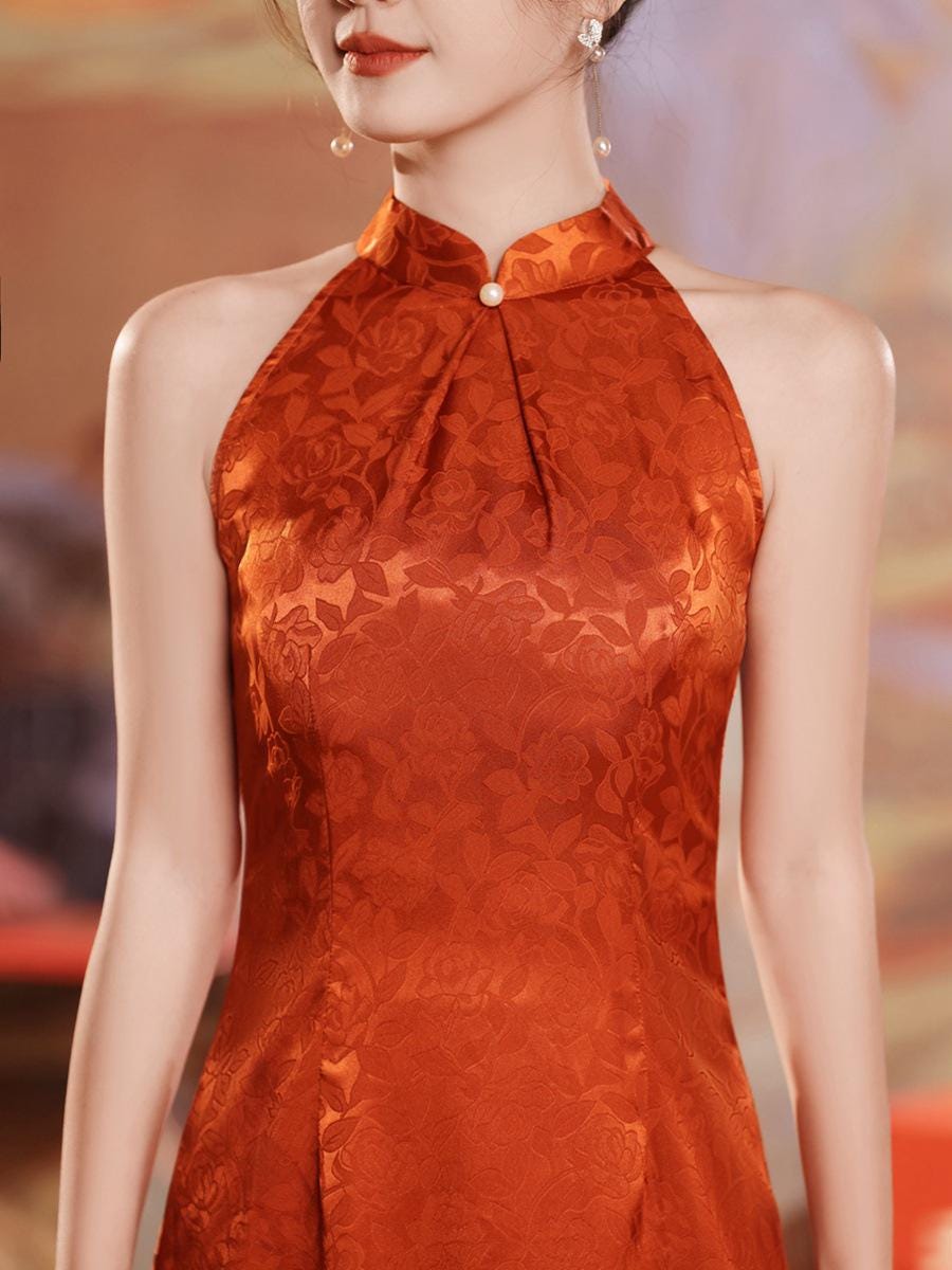 Orange Red Sleeveless Cheongsam, Summer Chinese Qipao, Halterneck dress, Dinner Dress