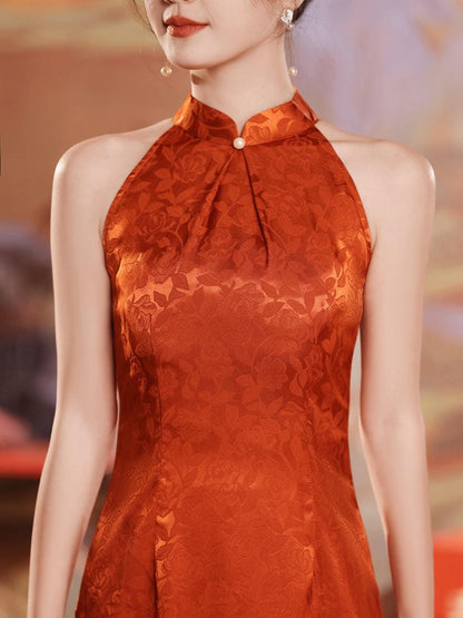 Orange Red Sleeveless Cheongsam, Summer Chinese Qipao, Halterneck dress, Dinner Dress