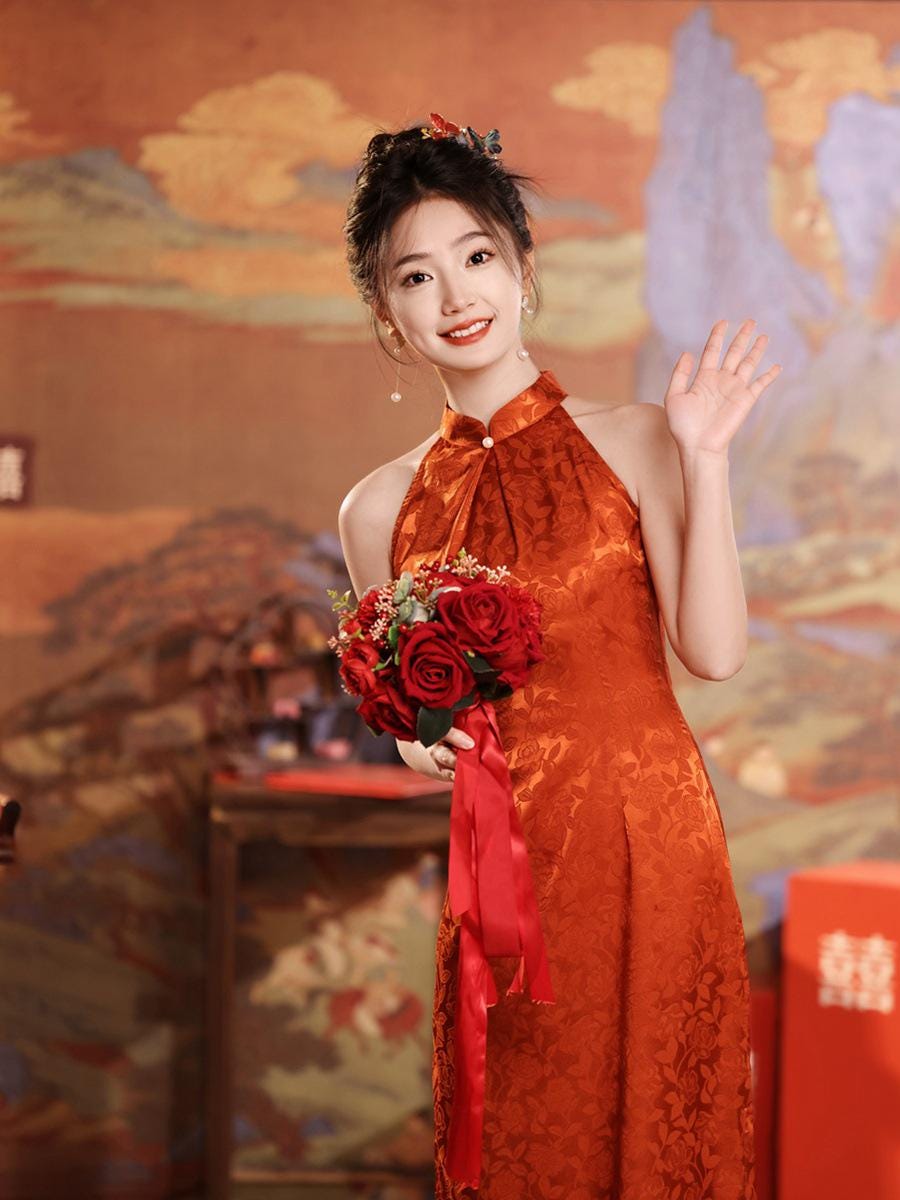 Orange Red Sleeveless Cheongsam, Summer Chinese Qipao, Halterneck dress, Dinner Dress