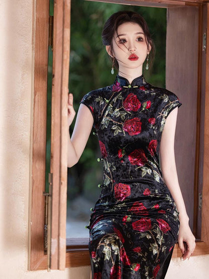 Rose Pattern Black Sleeveless Cheongsam, Modern Chinese Qipao, Floral Pattern Daily Wear Dress