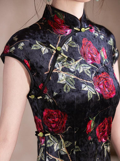 Rose Pattern Black Sleeveless Cheongsam, Modern Chinese Qipao, Floral Pattern Daily Wear Dress