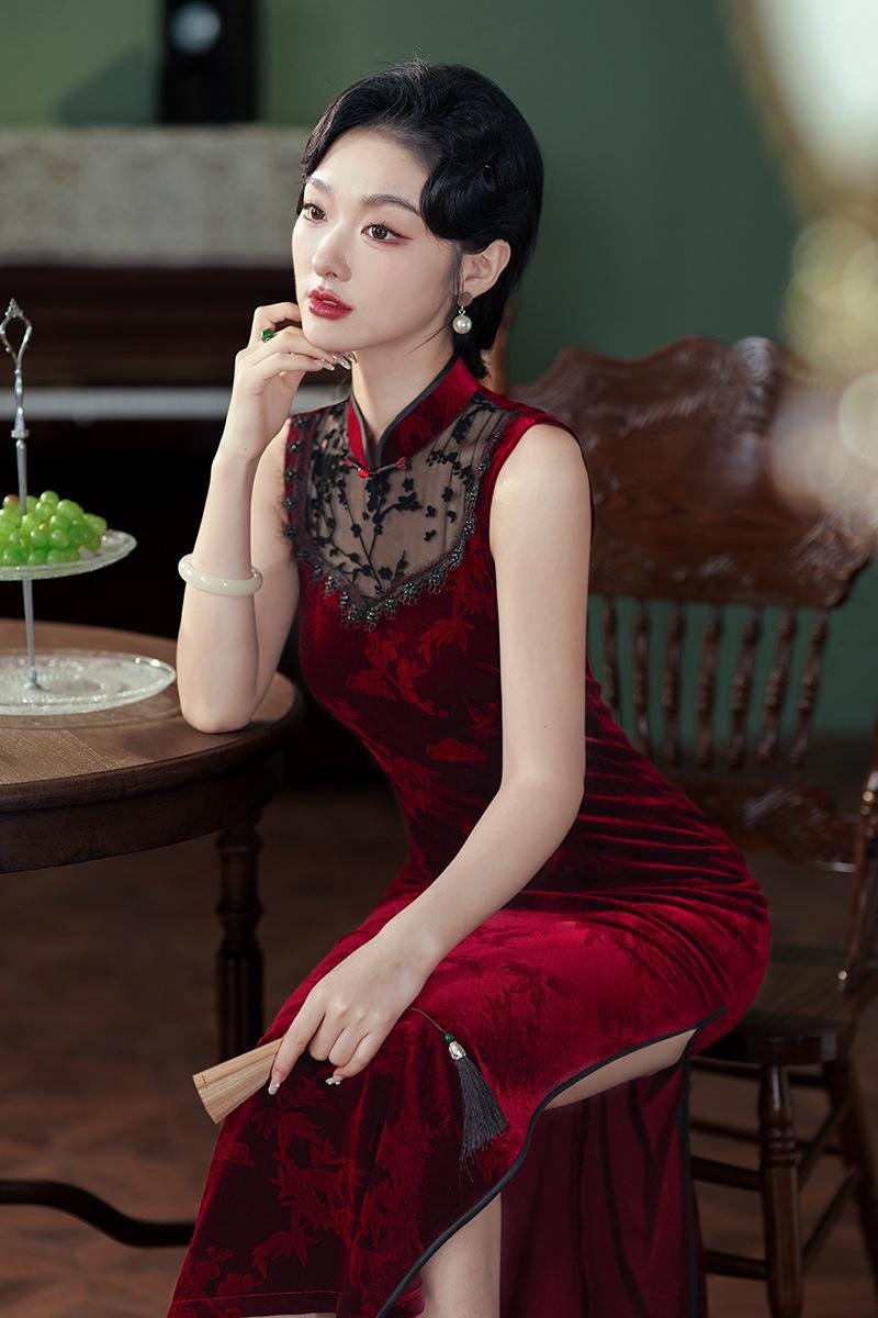 Wine Red Sleeveless Cheongsam, Velvet Chinese Qipao, Daily Wear Dress Hollow-out Cheongsam Ball Gowns Prom Party Dress