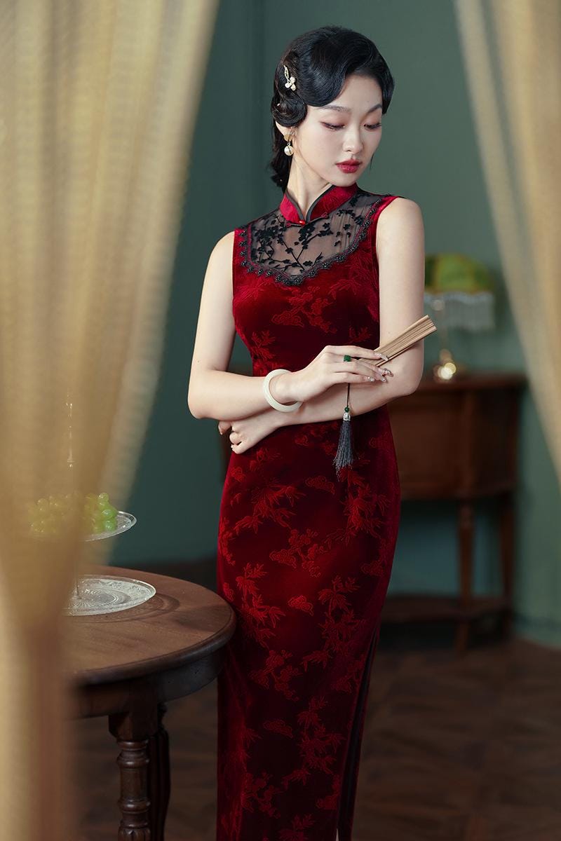 Wine Red Sleeveless Cheongsam, Velvet Chinese Qipao, Daily Wear Dress Hollow-out Cheongsam Ball Gowns Prom Party Dress