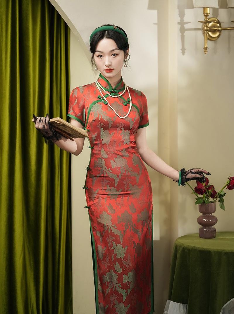 Jacquard Silk-like Double-Breasted Long Cheongsam Red Modern Chinese Qipao