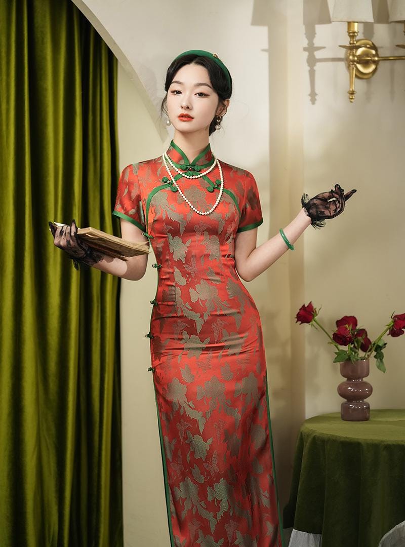 Jacquard Silk-like Double-Breasted Long Cheongsam Red Modern Chinese Qipao