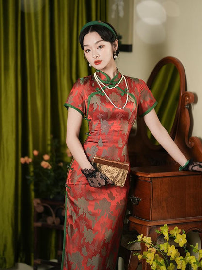 Jacquard Silk-like Double-Breasted Long Cheongsam Red Modern Chinese Qipao