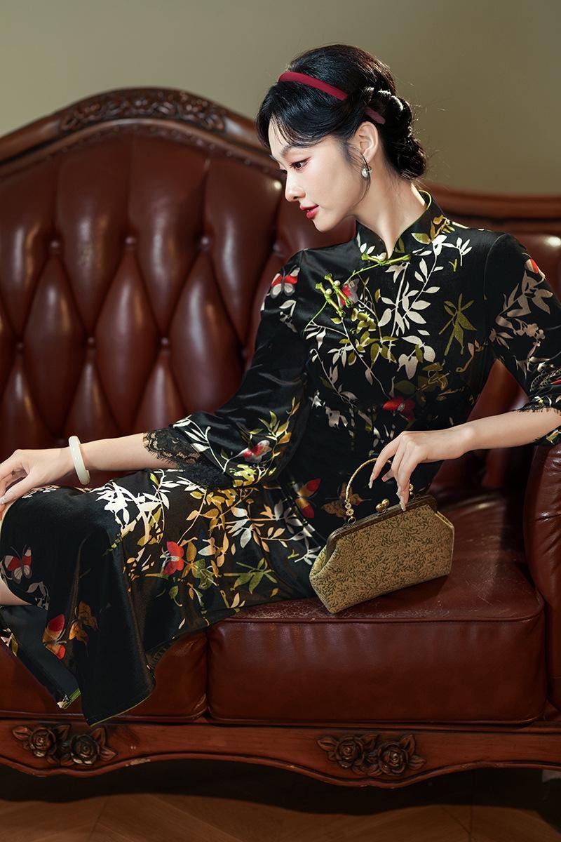 Black Velvet Chinese Qipao Dress Cheongsam Chipao Dress Big Sleeves Dress