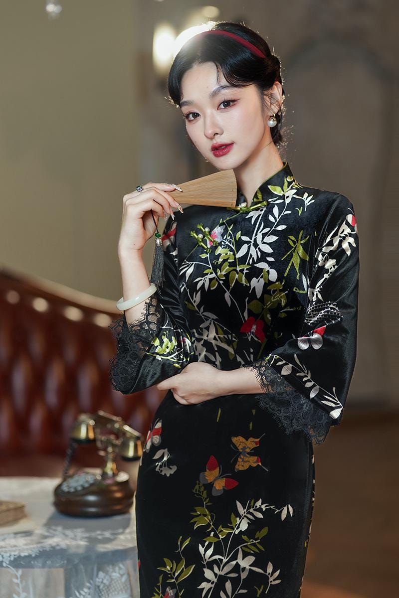 Black Velvet Chinese Qipao Dress Cheongsam Chipao Dress Big Sleeves Dress