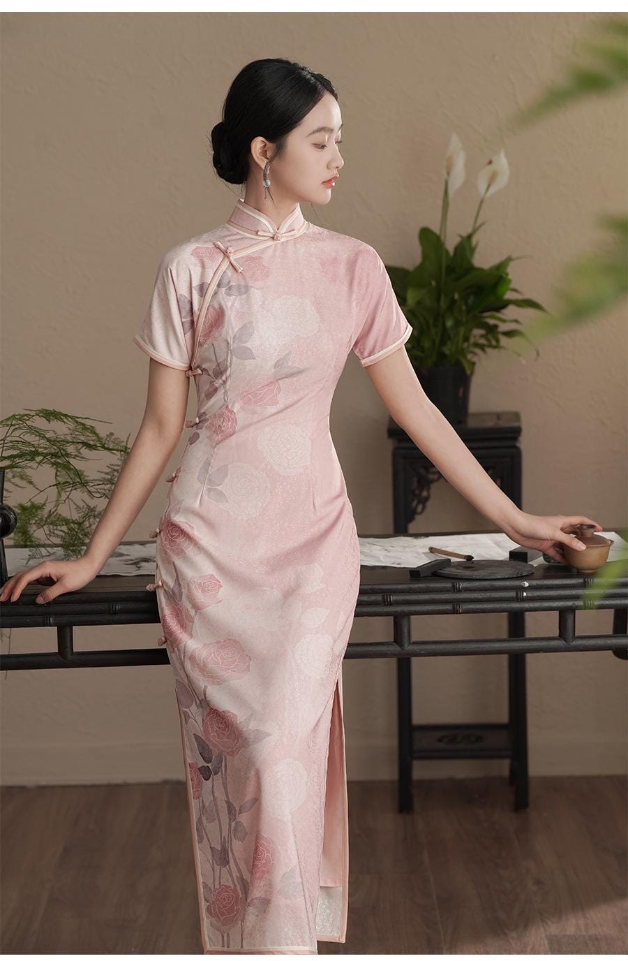 Pink Jacquard Long Cheongsam Modern Chinese Qipao Flower Pattern