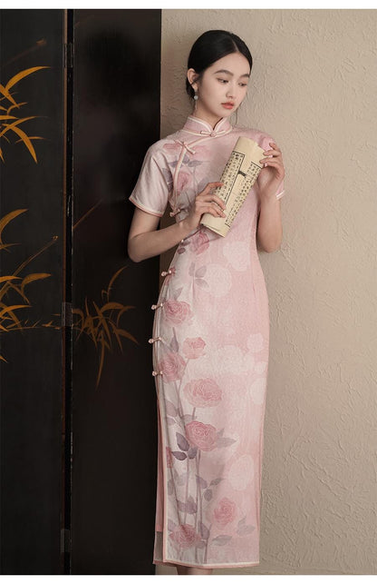 Pink Jacquard Long Cheongsam Modern Chinese Qipao Flower Pattern