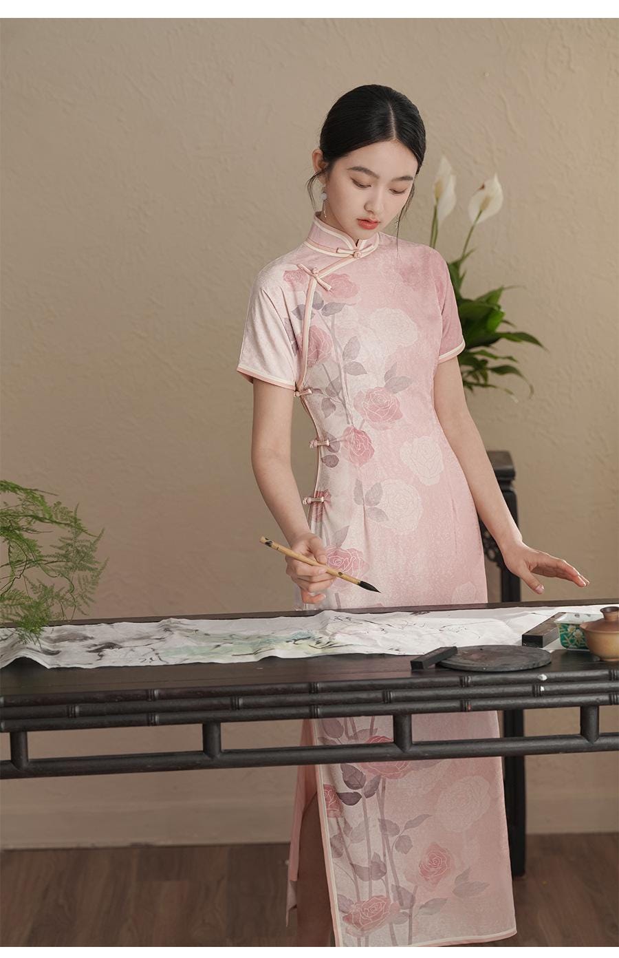 Pink Jacquard Long Cheongsam Modern Chinese Qipao Flower Pattern