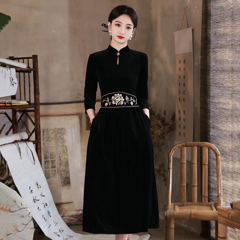 Modern Black Qipao Dress Traditional Cheongsam Chinese Velvet Dress Long dress Prom dress vintage ball gowns Evening Cocktail Party Dress