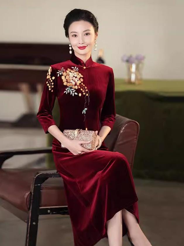 Modern Wine Red Qipao Dress Traditional Cheongsam Chinese Velvet Dress Purple Prom dress vintage ball gowns Evening Cocktail Party Dress