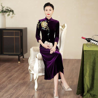 Modern Wine Red Qipao Dress Traditional Cheongsam Chinese Velvet Dress Purple Prom dress vintage ball gowns Evening Cocktail Party Dress