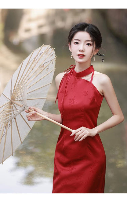 Wine Red Sleeveless Cheongsam Simple Wedding Dress Summer Chinese Qipao Daily Wear Halterneck dress ball gowns tea ceremony dress